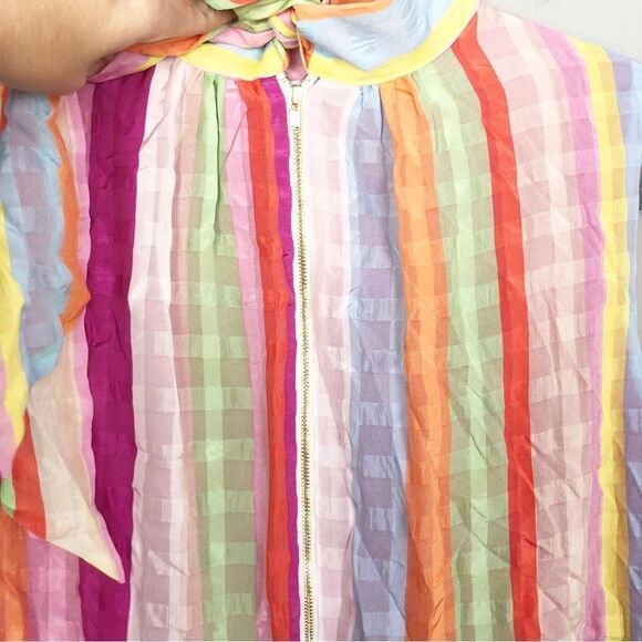 MARIE OLIVER | Striped Multicolor Silk High Neck Drop Waist Dress Women’s Small - Picture 7 of 9